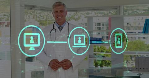 Doctor surrounded by digital health interface imagery