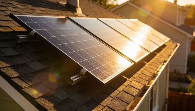 Sunlit rooftop solar panels mounted on asphalt shingle roof reflecting golden hour light