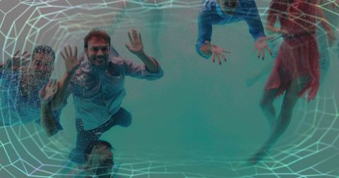 Diverse Group Swims Underwater with Futuristic Grid Effect