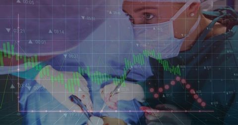 Surgeons Performing Operation with Graphical Data Overlay on Technology