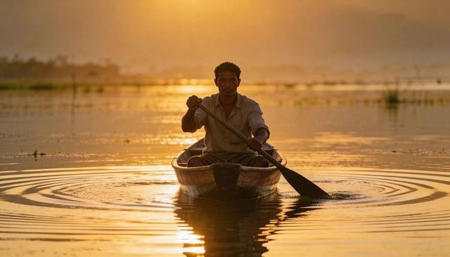 Paddling man rowing wooden canoe at golden hour on tranquil reflective lake