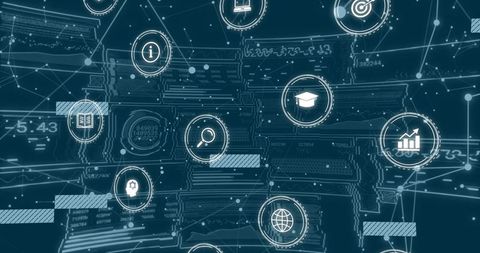 Centralized Network Data Visualization with Connected Tech Icons and Analytics Dashboard