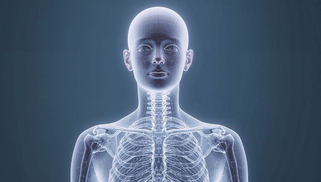 Transparent female anatomy revealing skeleton, ribcage and skull in medical 3D render