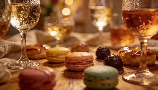 Elegant dessert platter with colorful macarons, chocolate truffles and sparkling wine