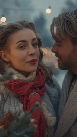 Couple sharing intimate gaze at festive winter market under warm string lights
