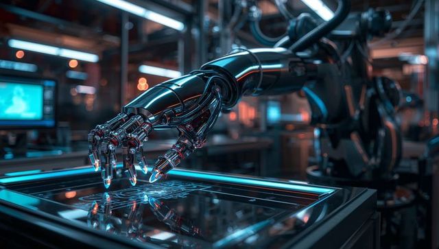 Futuristic robotic arm hovering over holographic touchscreen displaying cyan schematics