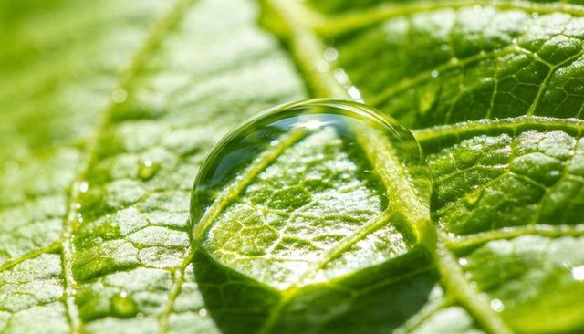 Refracting water droplet on fresh green leaf highlighting venation and sparkling dewdrops