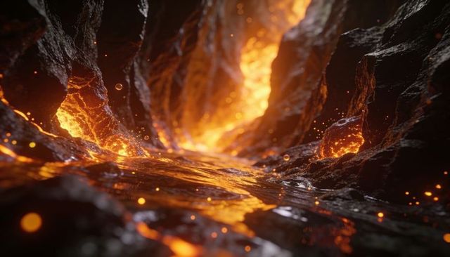 Flowing molten lava carving volcanic cavern with glowing embers and reflective wet rock