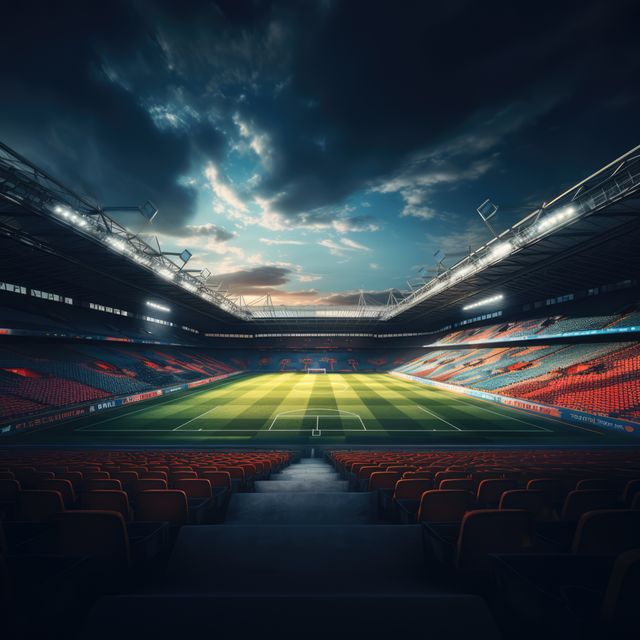 Empty football stadium on cloudy day, created using generative ai technology. Sports, competition and architecture concept digitally generated image.
