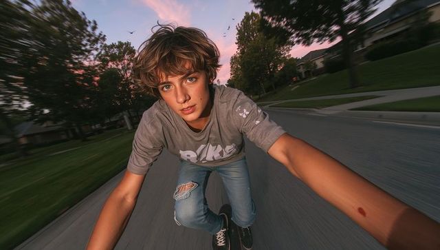 Dynamic teen skating down suburban street at dusk