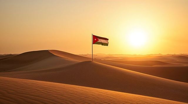 Solitary jordan flag flying over golden sand dunes at sunset on wind-swept desert crest