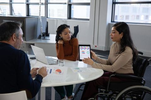 Inclusive team presenting data on tablet in office meeting, wheelchair user leading