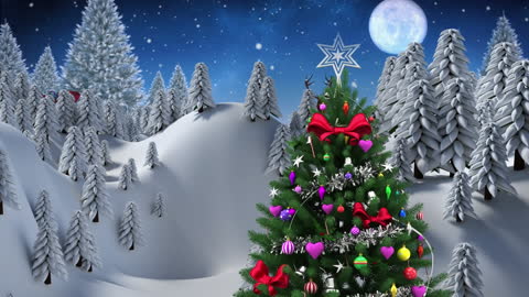 Festive Christmas Tree with Colorful Ornaments in Winter Wonderland