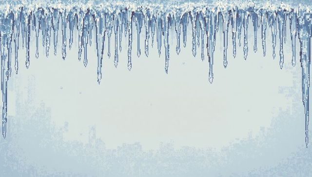 Hanging pixel icicle border forming jagged frozen fringe with blue-gray winter backdrop