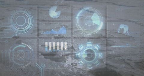 Holographic infographics floating over lunar surface digital interface