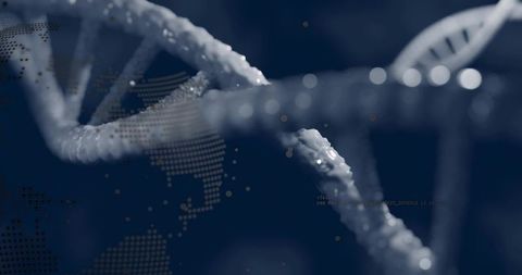 Futuristic dna double helix with droplet particles and digital globe data visualization