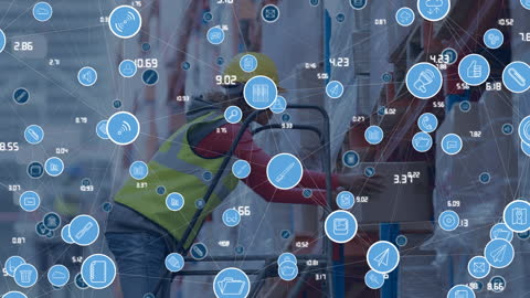 Digital Transformation in Warehouse Logistics with IoT Icons Overlay