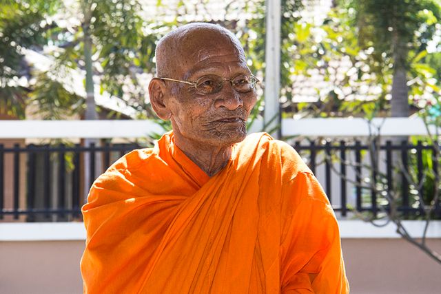 Elderly Asian monk wearing traditional orange robe appears calm outdoors. Ideal for use in articles, blogs, and websites related to Buddhism, spiritual practices, meditation, and serene lifestyles.