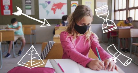 Schoolchildren Wearing Masks With Educational Graphics - Download Free Stock Images Pikwizard.com
