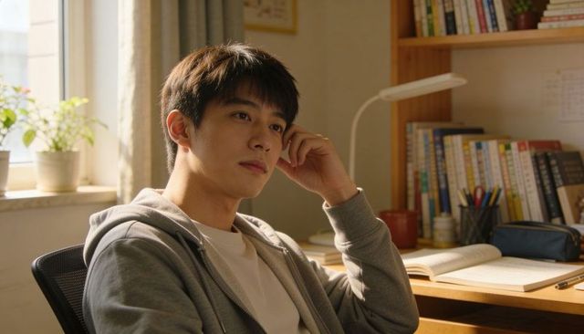 Thoughtful asian student studying at sunlit home desk with open notebook and bookshelf