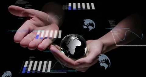 Cradling hands supporting glossy black globe showing floating holographic data and charts