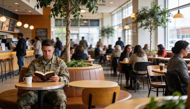 Soldier reading paperback in urban coffee shop wearing camouflage uniform and drinking takeaway coff