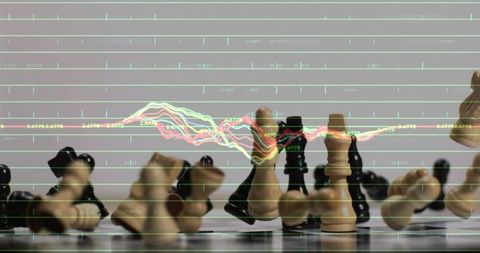 Strategic decision concept with chess pieces and financial data overlay on reflective board