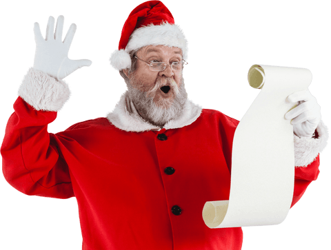 Surprised Santa Reading Christmas Wishlist Transparent Background
