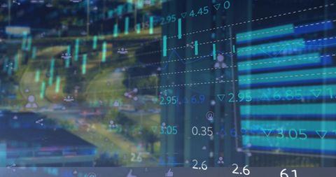 Technology Icons Overlaying Financial Data with City Background - Download Free Stock Images Pikwizard.com