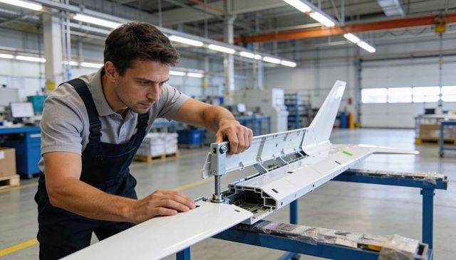 Aircraft wing assembly technician aligning aileron using screw jack clamp in factory