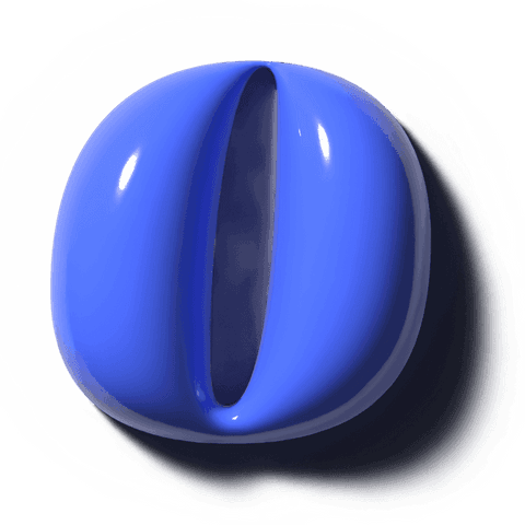 Glossy blue orb with vertical slit on transparent background, 3d polished reflective sphere