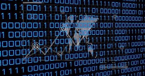 Businessman Silhouette Gesturing to Growth Graph Over Binary Code HUD for Fintech