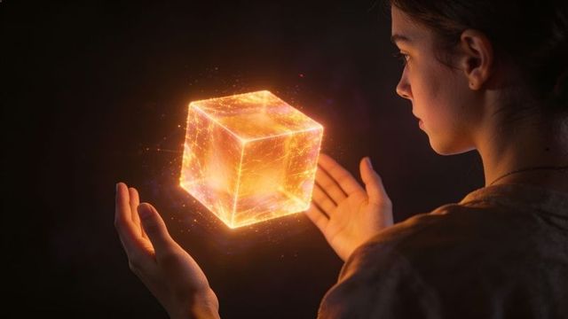 Woman holding glowing holographic cube, studying floating amber energy cube
