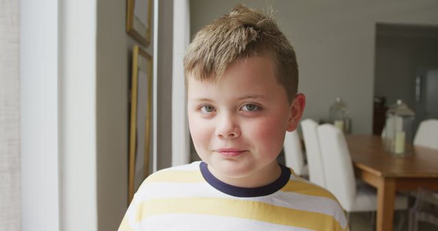 Boy stands near window wearing striped shirt with a gentle smile on face. Natural light illuminates room, creating warm and welcoming atmosphere. Ideal for use in advertisements, family lifestyle articles, or any content focusing on childhood, happiness, and family-oriented themes.