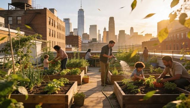 Community rooftop garden watering and harvesting with city skyline at sunset, urban farming