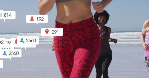 Women Running on Beach with Overlay of Social Media Icons
