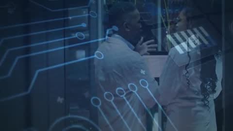 Technicians Collaborating in High-Tech Server Room with Digital Interface Overlay