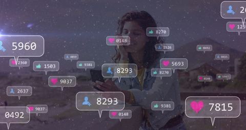 Woman in canyon engaging with virtual social media icons