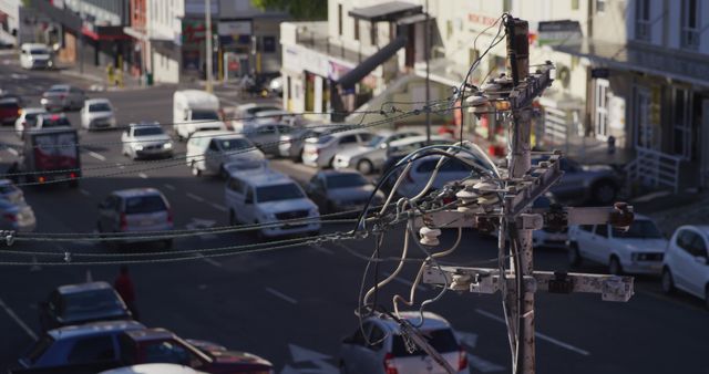 Busy Urban Street Scene with Overhead Power Lines - Download Free Stock Images Pikwizard.com