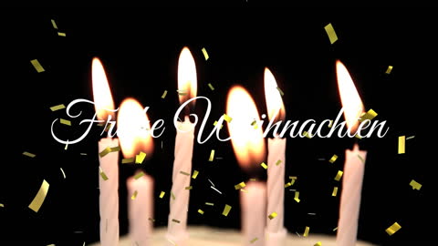 Lit Candles with 'Frohe Weihnachten' Text and Golden Confetti