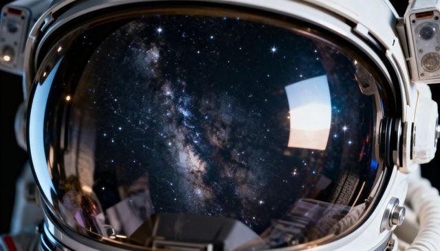 Astronaut helmet reflecting milky way starfield through mirrored visor inside space cockpit