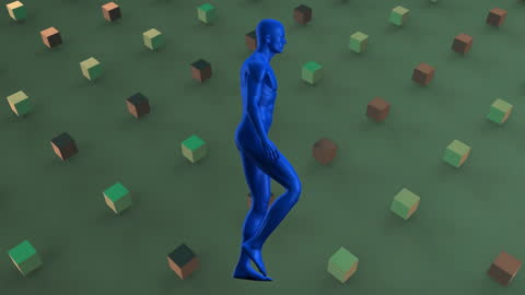 Human Model Floating Above Abstract Geometric Landscape