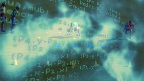 People Engaging in Athletic Drills Overlaid with Programming Code