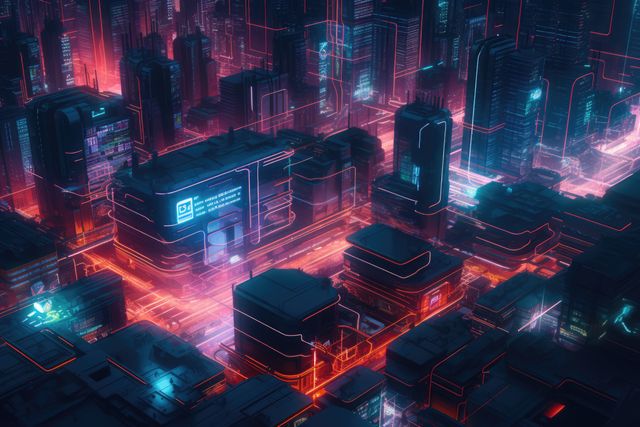 Skyscrapers and purple neon lights at night in cityscape, created using generative ai technology. Sci fi, cyberpunk, fantasy architecture and futuristic city concept digitally generated image.