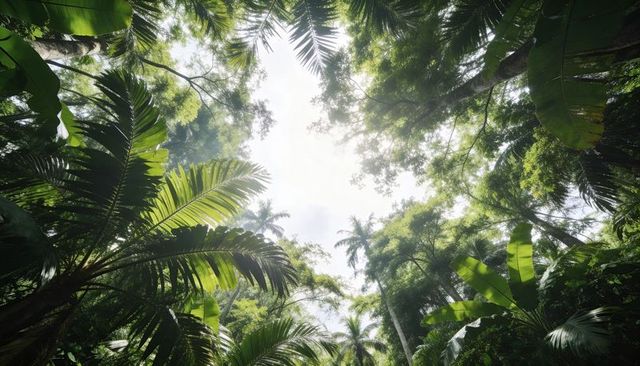Framing sunlit canopy opening with tropical palm fronds in lush rainforest canopy