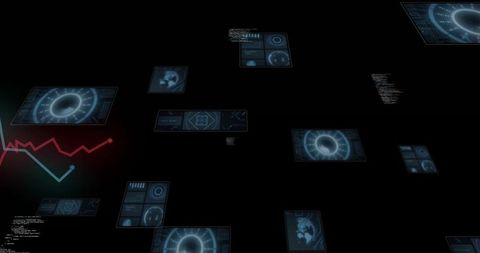 Futuristic hud panels floating in black void with blue radial dials and red-cyan graph