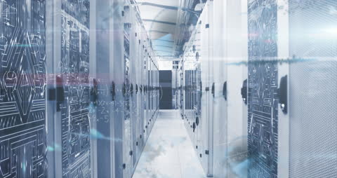 Futuristic Data Center with Virtual Screens and Calculations