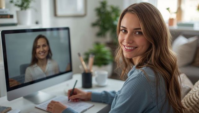 Remote work at home: young woman smiling while taking notes during video conference call