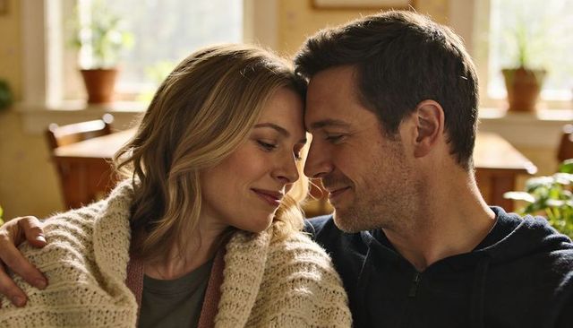 Couple embracing on couch with chunky cream blanket, intimate cozy home romance moment