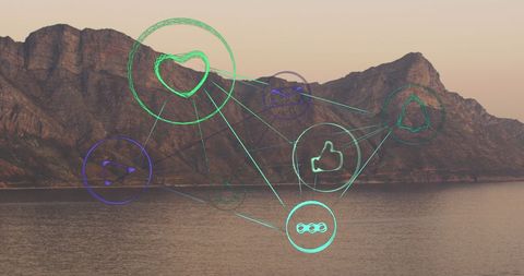 Digital Social Media Icons Over Scenic Coastline